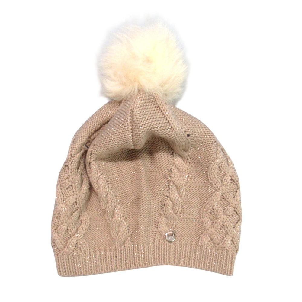UGG Australia BEIGE w/METALLIC GOLD Cable Knit LARGE POM POM Beanie HAT/CAP OS